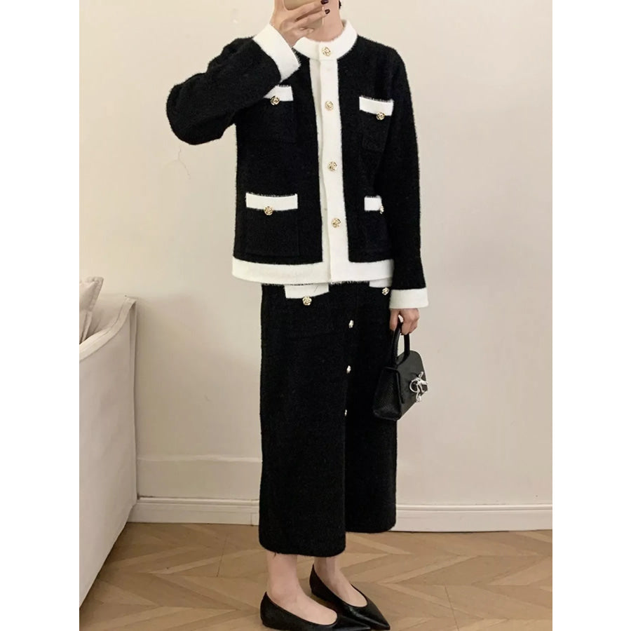 Contrast Trim Jacket and Skirts Sweater Set Apparel and Accessories