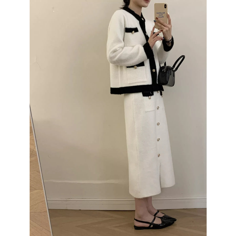Contrast Trim Jacket and Skirts Sweater Set Apparel and Accessories