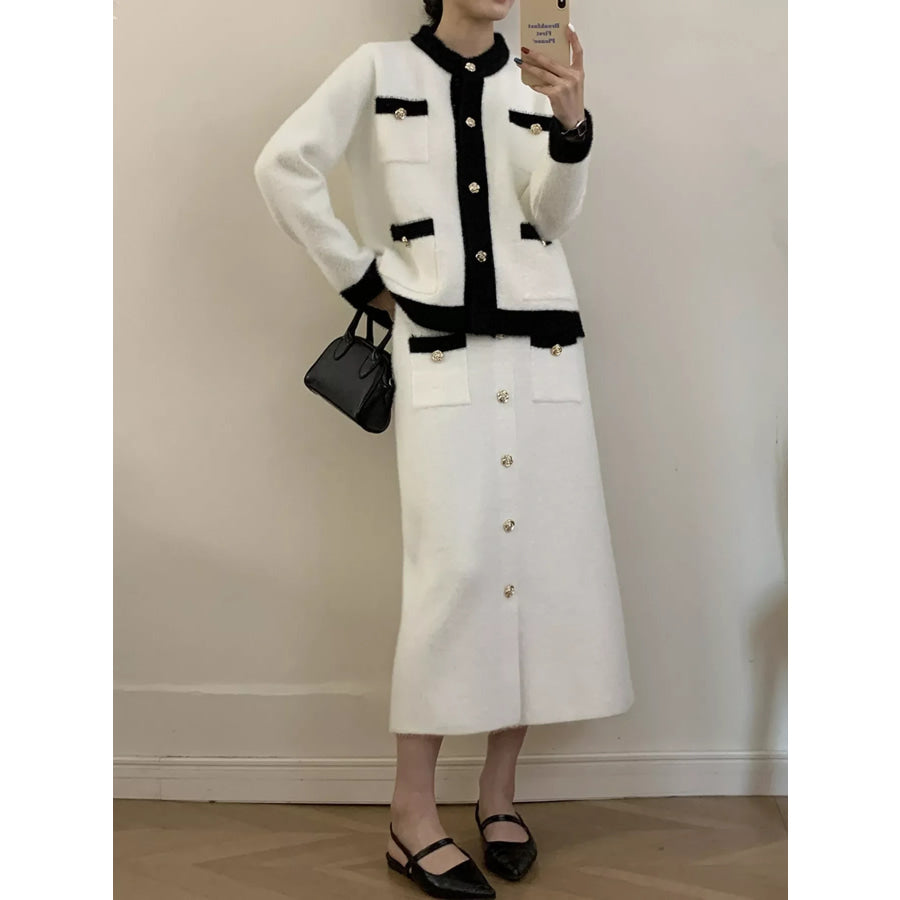 Contrast Trim Jacket and Skirts Sweater Set Apparel and Accessories
