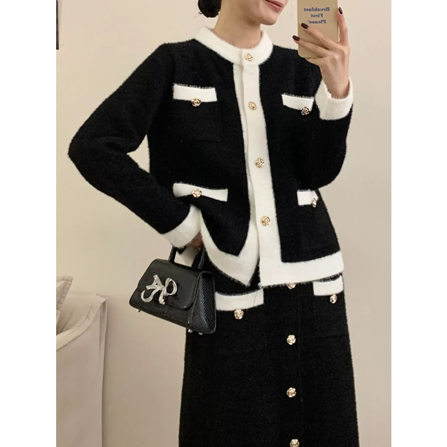 Contrast Trim Jacket and Skirts Sweater Set Apparel and Accessories