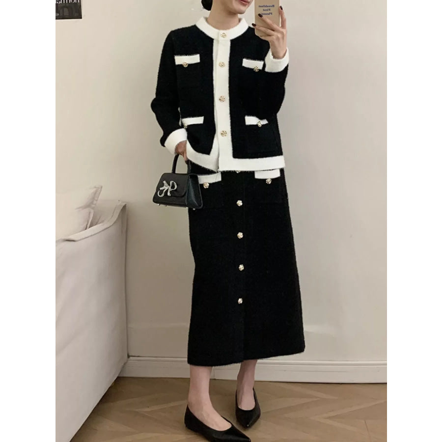 Contrast Trim Jacket and Skirts Sweater Set Apparel and Accessories