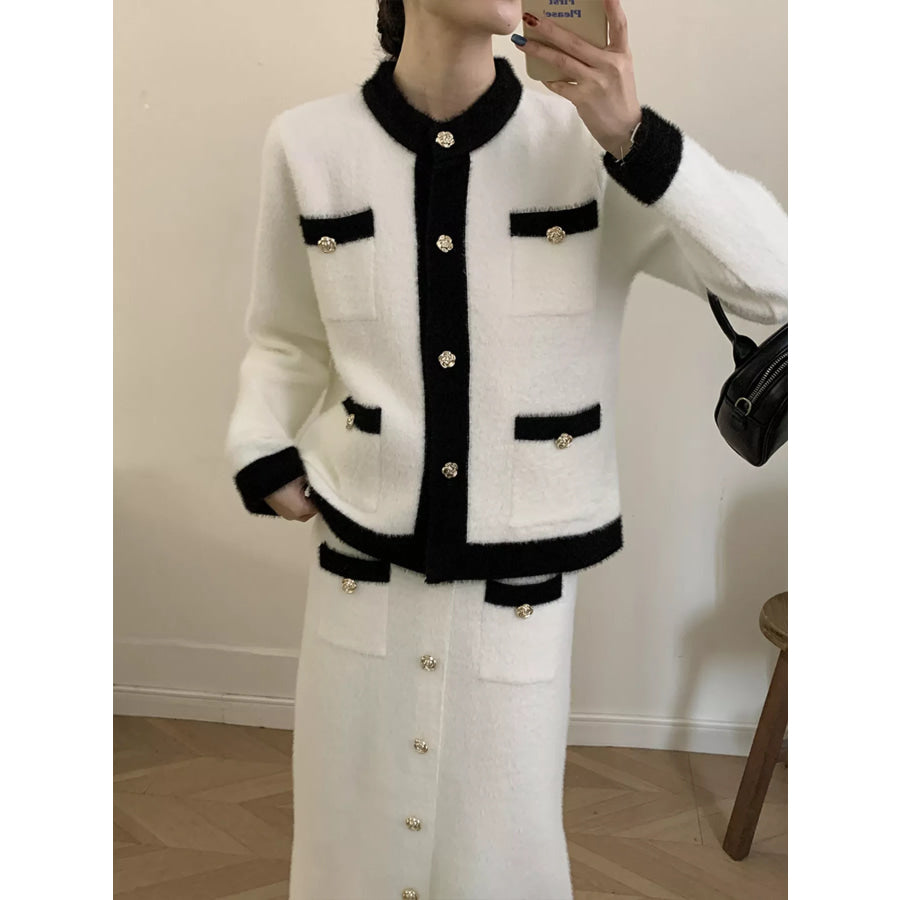 Contrast Trim Jacket and Skirts Sweater Set Apparel and Accessories