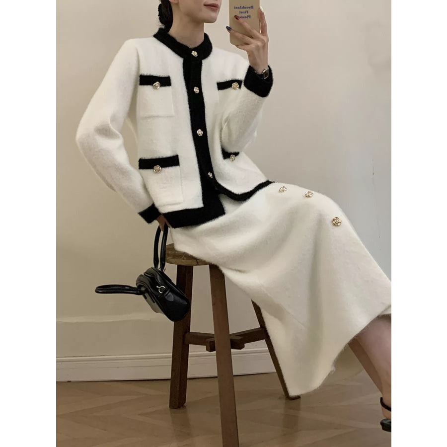 Contrast Trim Jacket and Skirts Sweater Set Apparel and Accessories
