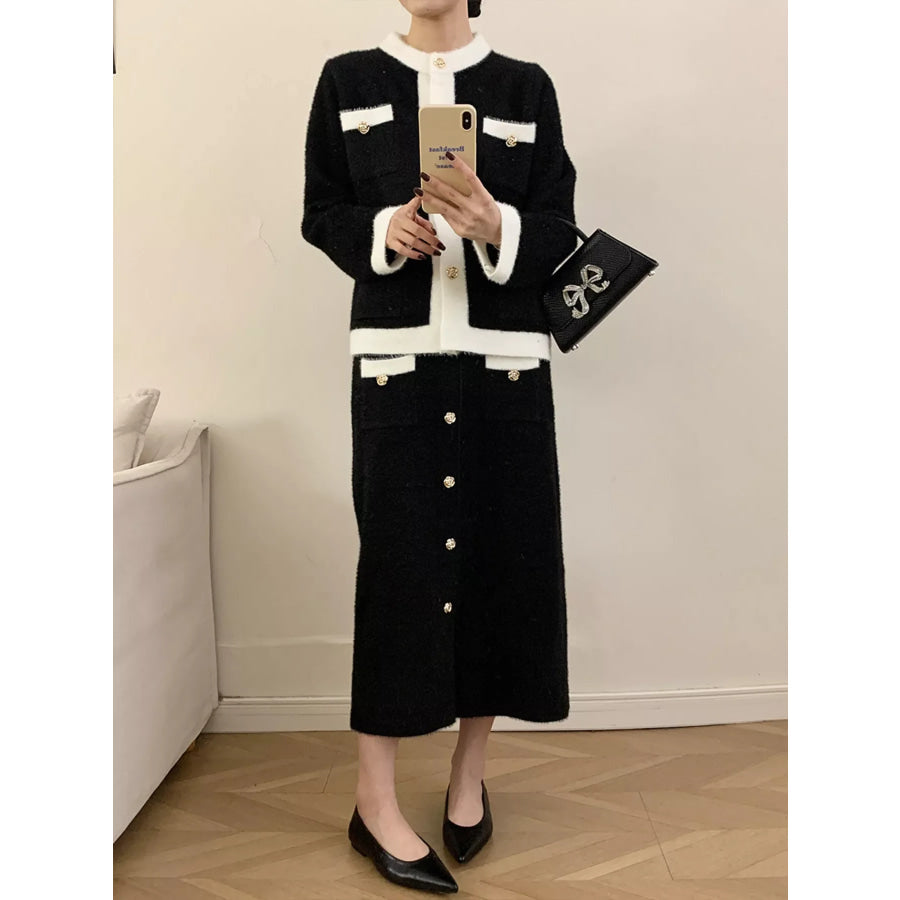 Contrast Trim Jacket and Skirts Sweater Set Apparel and Accessories