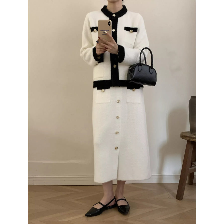 Contrast Trim Jacket and Skirts Sweater Set Apparel and Accessories