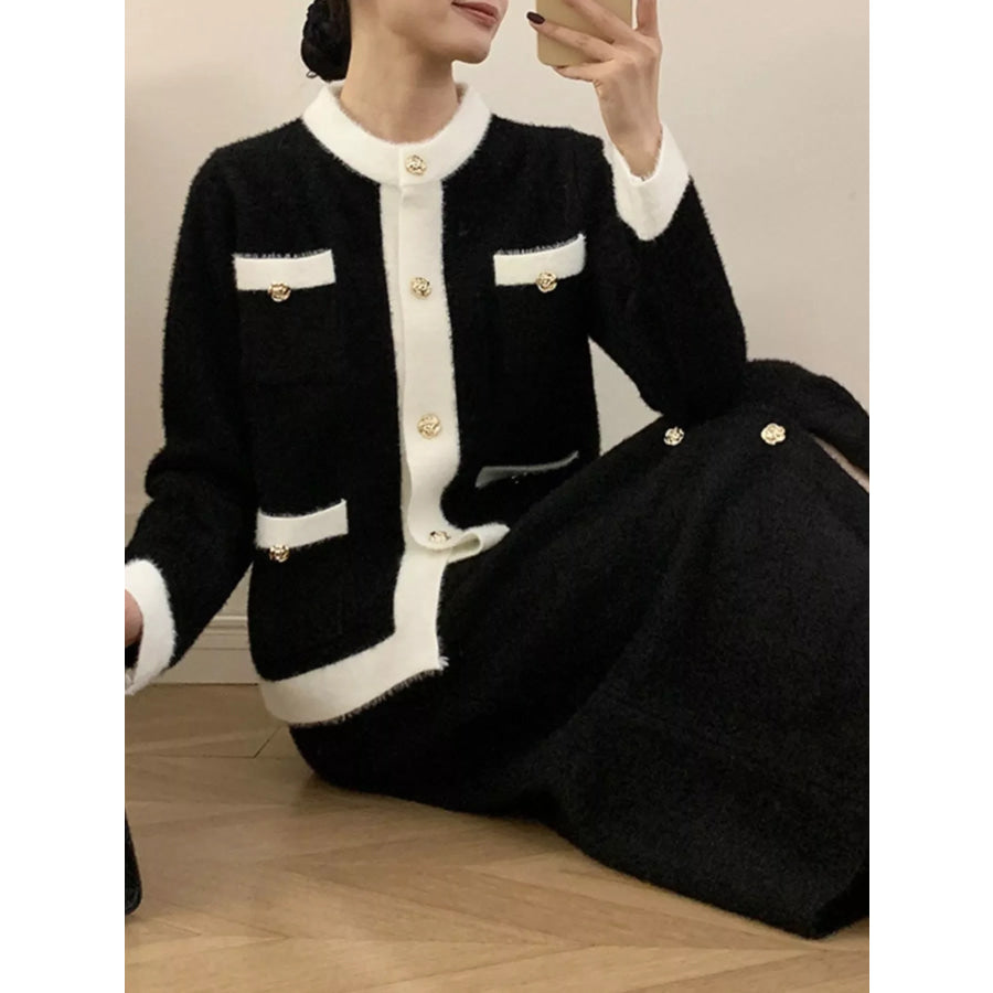 Contrast Trim Jacket and Skirts Sweater Set Apparel and Accessories