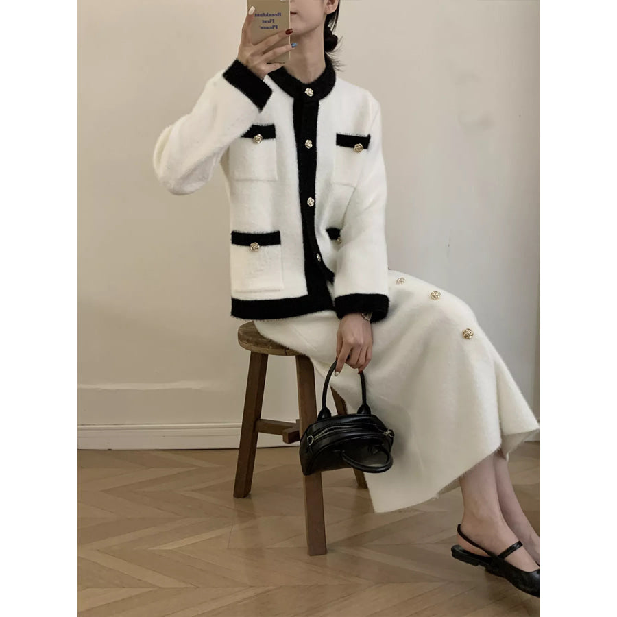 Contrast Trim Jacket and Skirts Sweater Set Apparel and Accessories