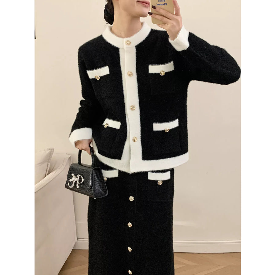 Contrast Trim Jacket and Skirts Sweater Set Black / One Size Apparel and Accessories
