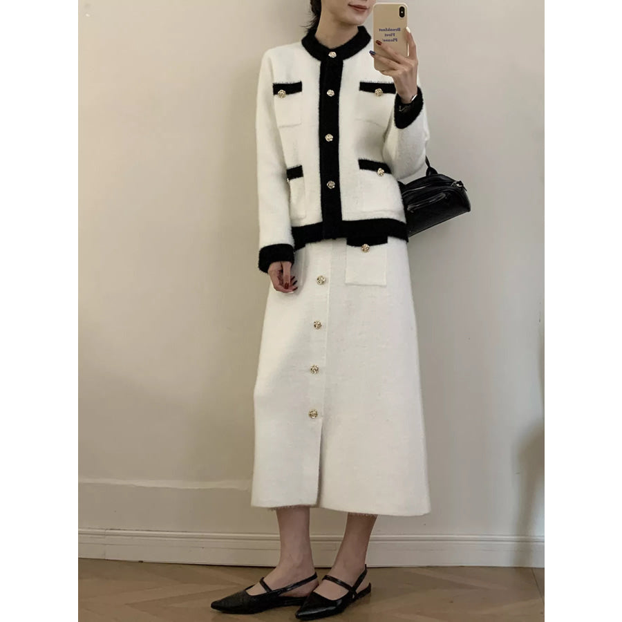 Contrast Trim Jacket and Skirts Sweater Set Milky White / One Size Apparel and Accessories