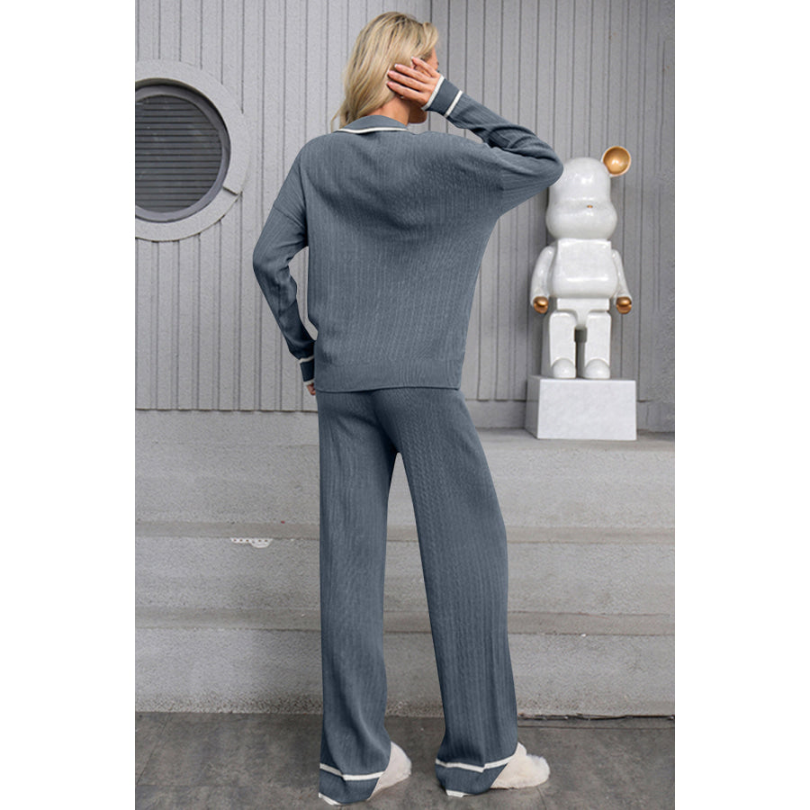 Contrast Trim Johnny Collar Top and Drawstring Pants Sweater Set Apparel and Accessories