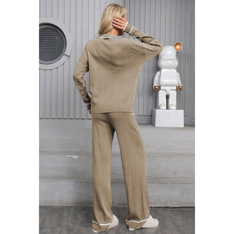 Contrast Trim Johnny Collar Top and Drawstring Pants Sweater Set Apparel and Accessories