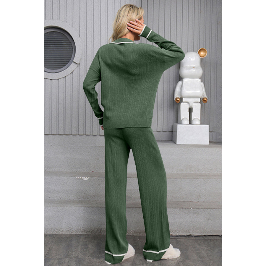 Contrast Trim Johnny Collar Top and Drawstring Pants Sweater Set Apparel and Accessories