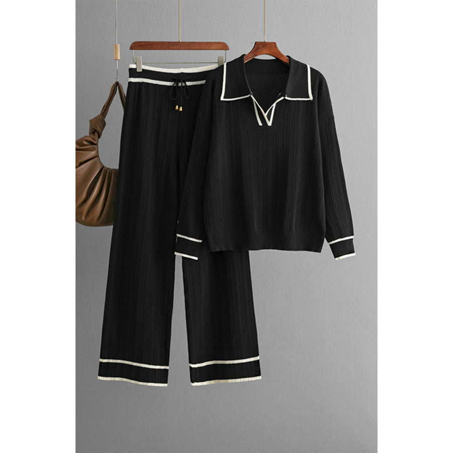 Contrast Trim Johnny Collar Top and Drawstring Pants Sweater Set Apparel and Accessories