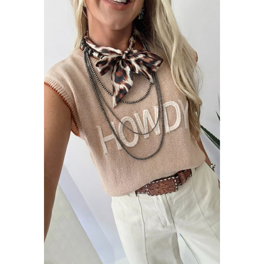 Contrast Trim Knit HOWDY Western Sweater Vest Tan / S Apparel and Accessories