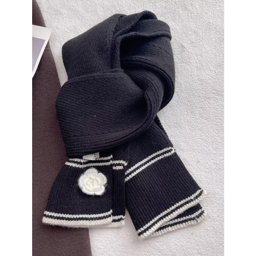 Contrast Trim Knitted Scarf with Camellia Decorn Black / ONESIZE Apparel and Accessories