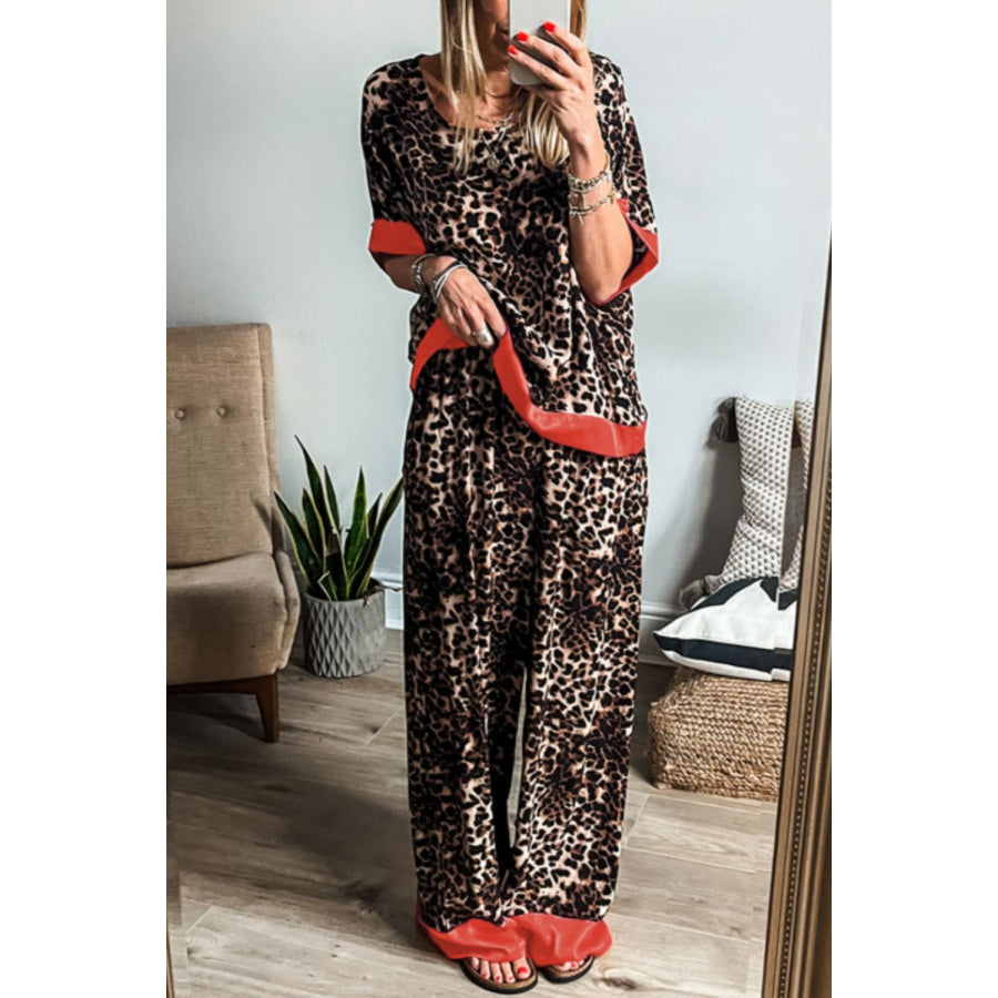 Contrast Trim Leopard Round Neck Top and Pants Lounge Set Apparel and Accessories