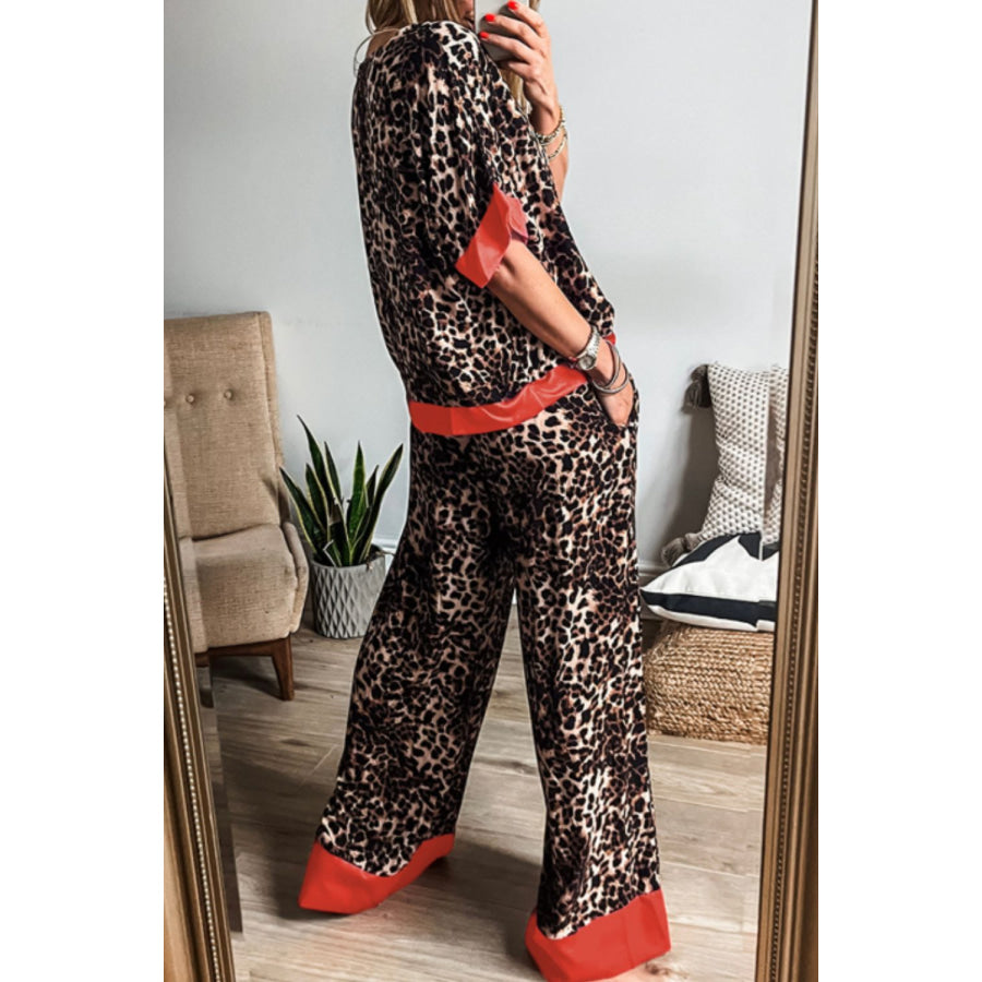 Contrast Trim Leopard Round Neck Top and Pants Lounge Set Apparel and Accessories