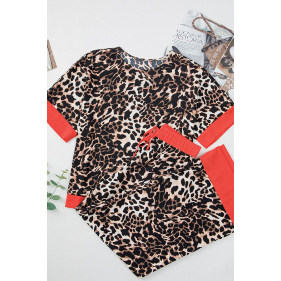 Contrast Trim Leopard Round Neck Top and Pants Lounge Set Apparel and Accessories