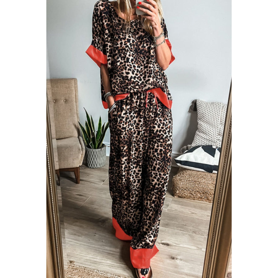 Contrast Trim Leopard Round Neck Top and Pants Lounge Set Leopard / S Apparel and Accessories