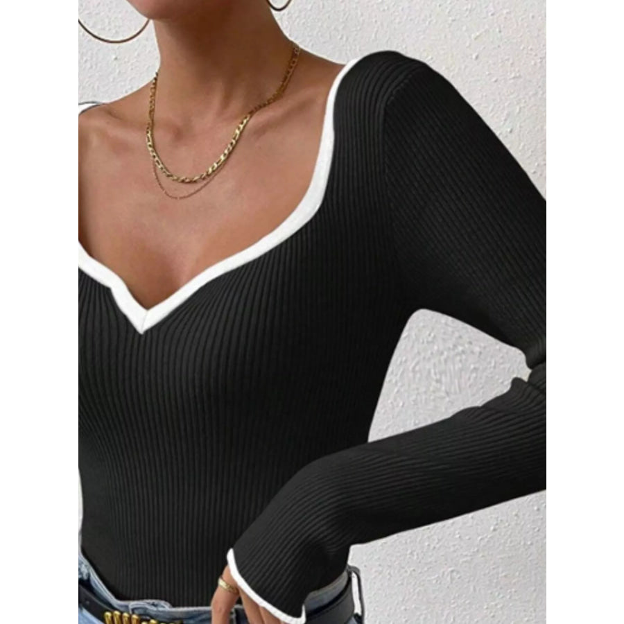 Contrast Trim Long Sleeve Knit Top Apparel and Accessories