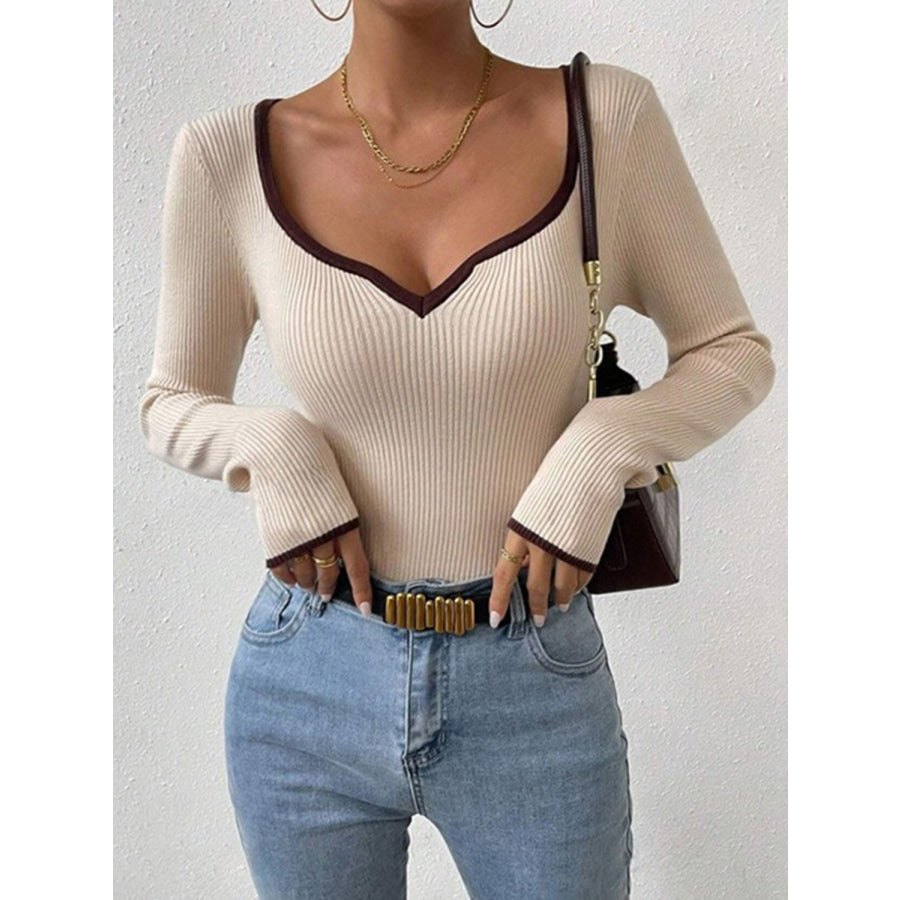 Contrast Trim Long Sleeve Knit Top Apparel and Accessories