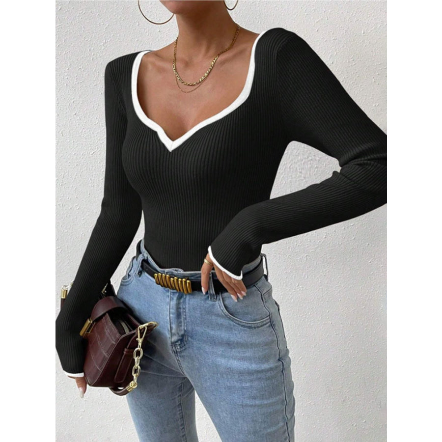 Contrast Trim Long Sleeve Knit Top Apparel and Accessories