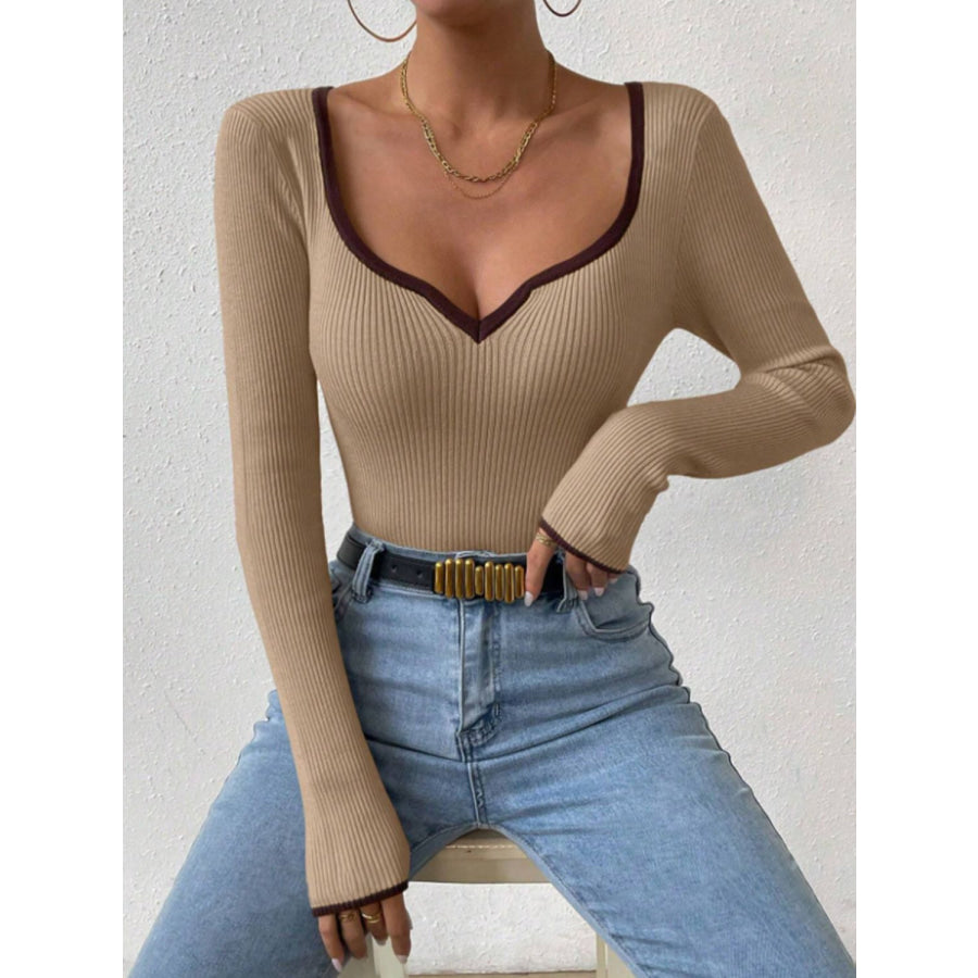 Contrast Trim Long Sleeve Knit Top Apparel and Accessories