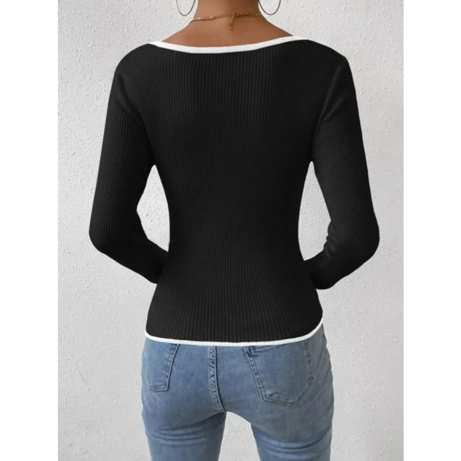 Contrast Trim Long Sleeve Knit Top Apparel and Accessories