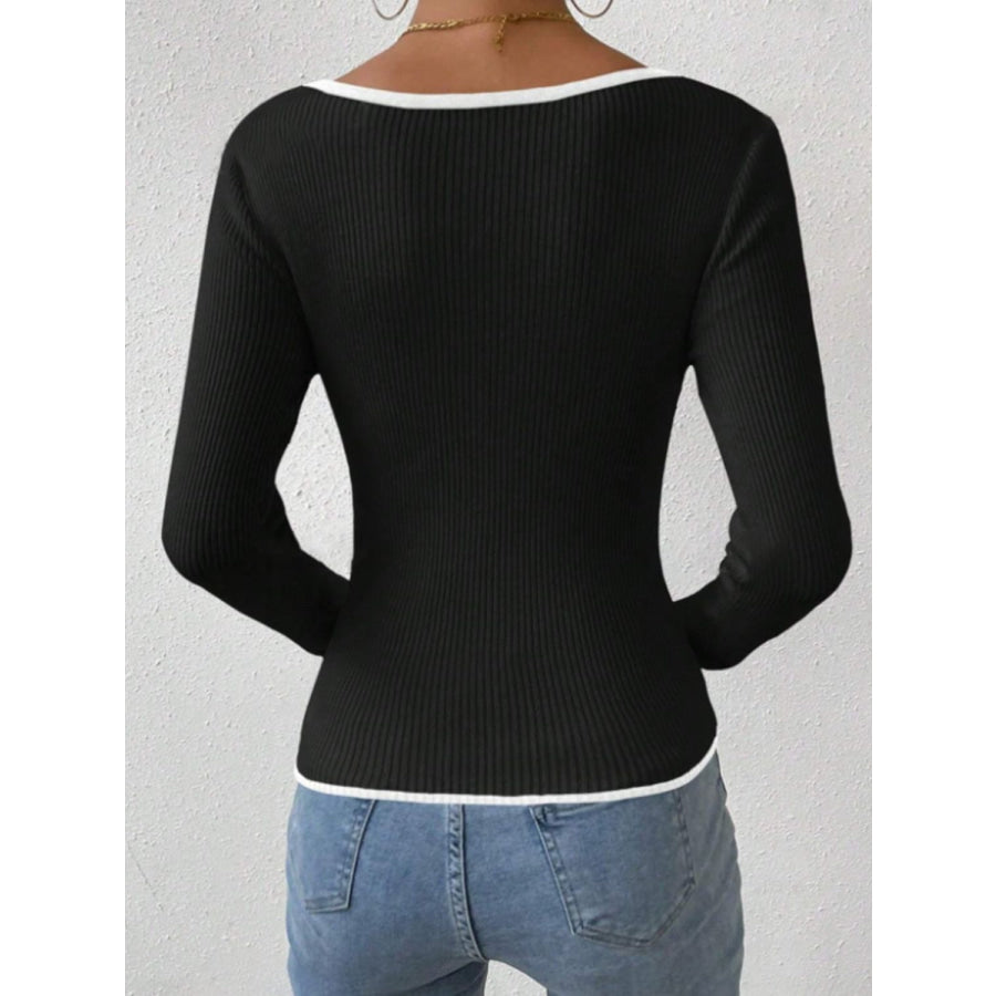 Contrast Trim Long Sleeve Knit Top Apparel and Accessories