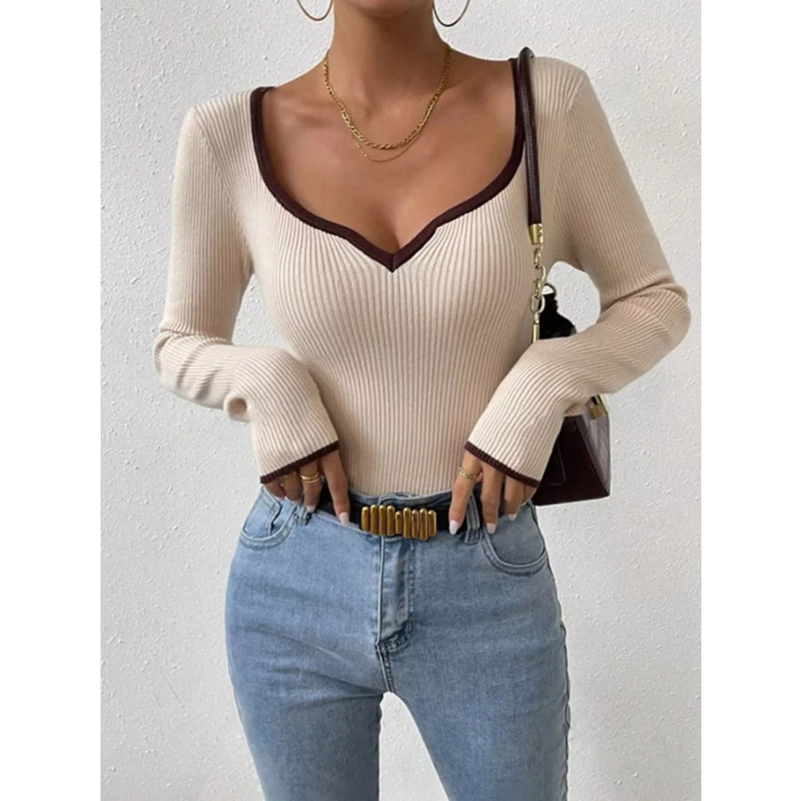 Contrast Trim Long Sleeve Knit Top Apparel and Accessories