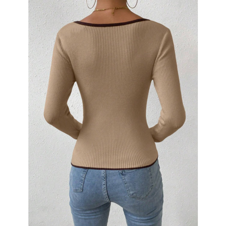 Contrast Trim Long Sleeve Knit Top Apparel and Accessories