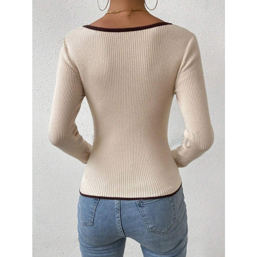 Contrast Trim Long Sleeve Knit Top Beige / S Apparel and Accessories