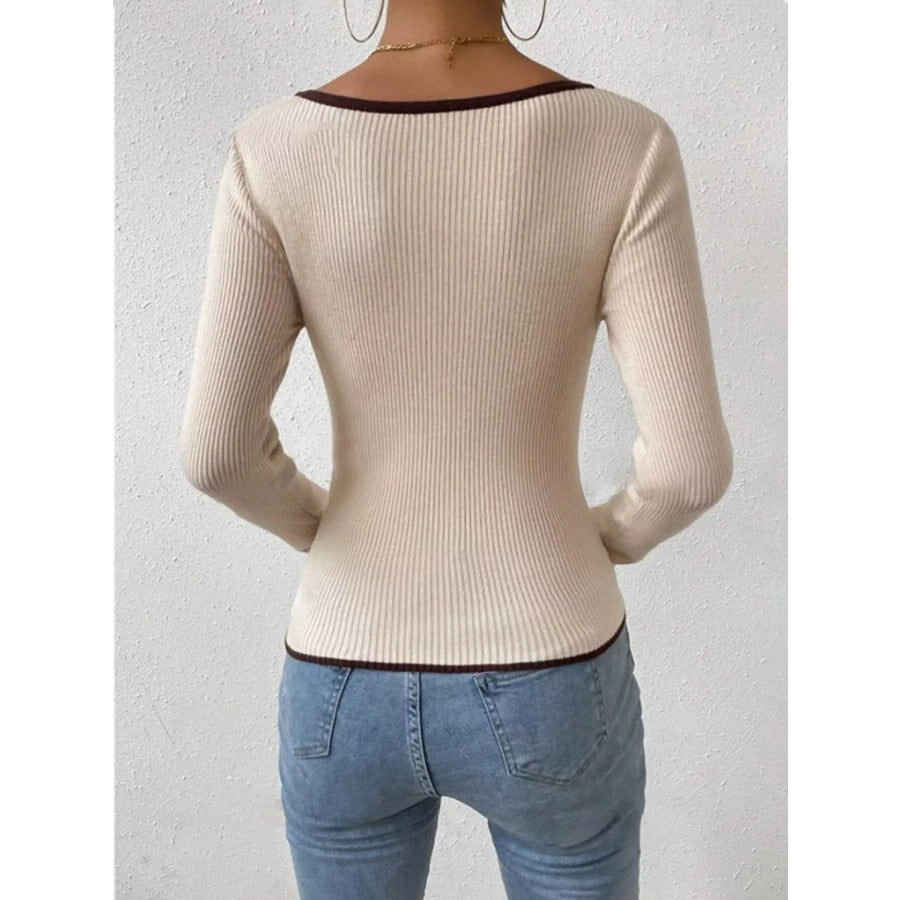 Contrast Trim Long Sleeve Knit Top Apparel and Accessories