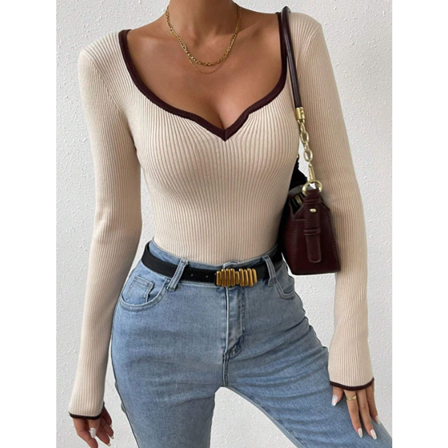 Contrast Trim Long Sleeve Knit Top Beige / S Apparel and Accessories