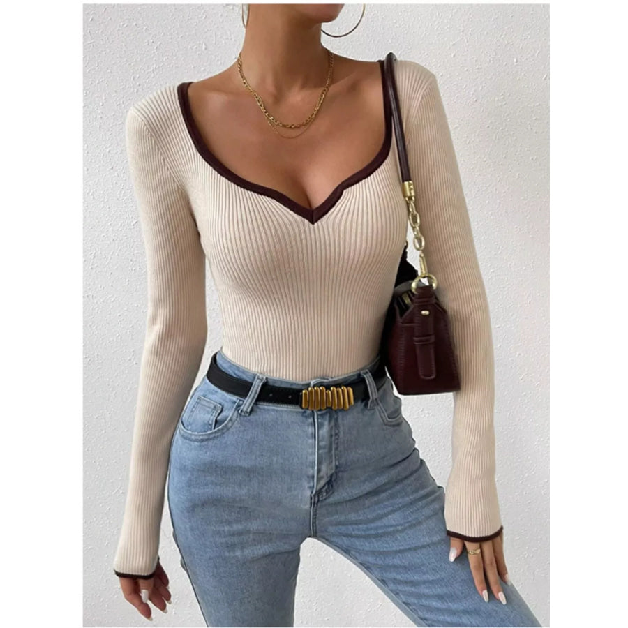 Contrast Trim Long Sleeve Knit Top Beige / S Apparel and Accessories