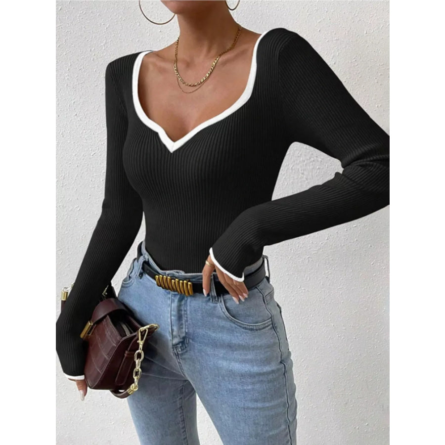 Contrast Trim Long Sleeve Knit Top Black / S Apparel and Accessories
