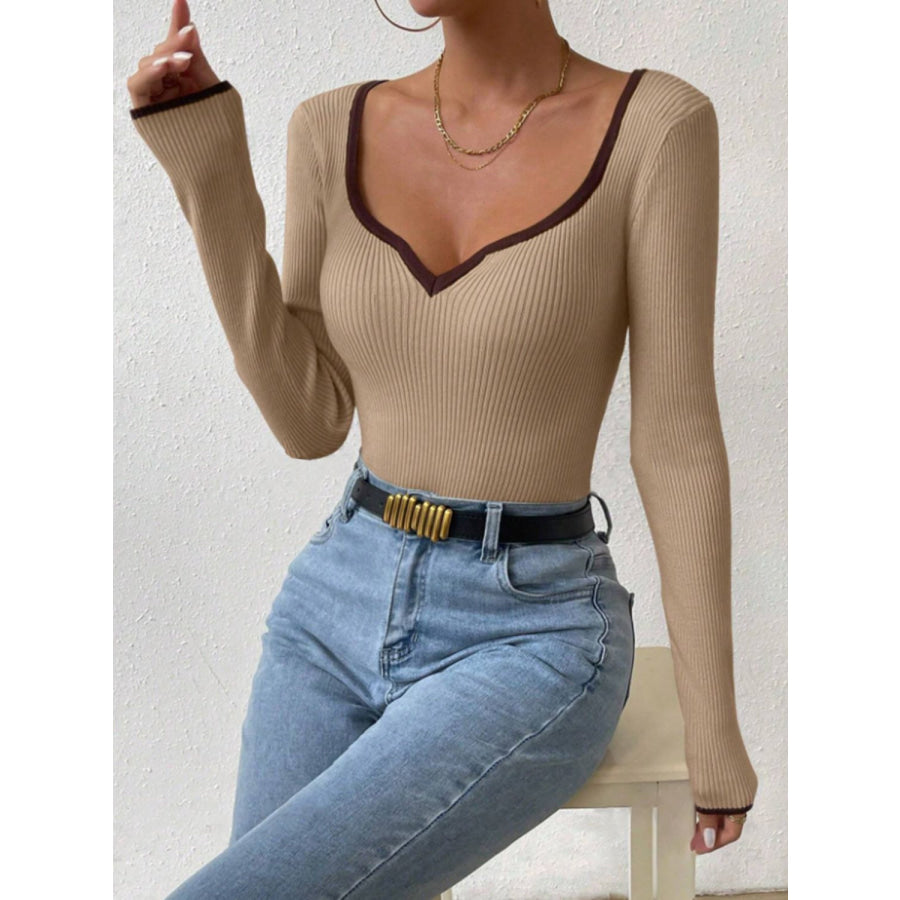 Contrast Trim Long Sleeve Knit Top Tan / S Apparel and Accessories