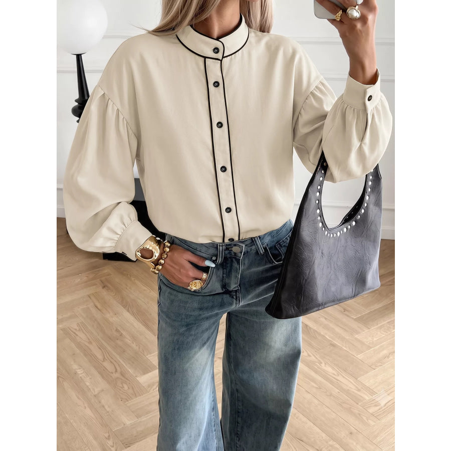 Contrast Trim Long Sleeve Shirt Beige / S Apparel and Accessories