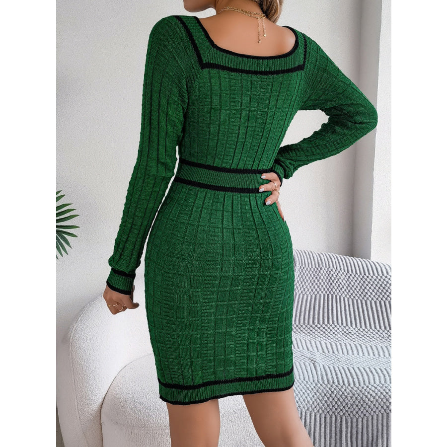 Contrast Trim Long Sleeve Sweater Dress Apparel and Accessories