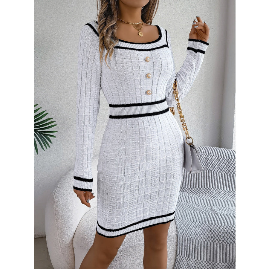 Contrast Trim Long Sleeve Sweater Dress Apparel and Accessories