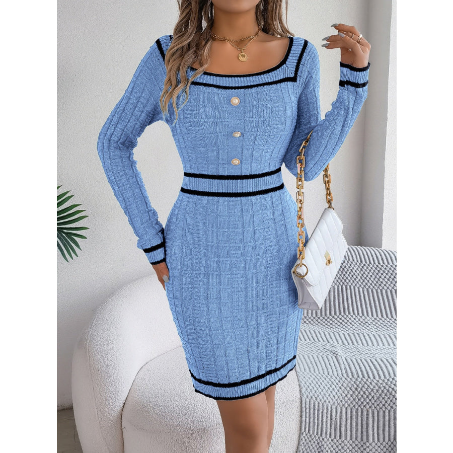 Contrast Trim Long Sleeve Sweater Dress Apparel and Accessories