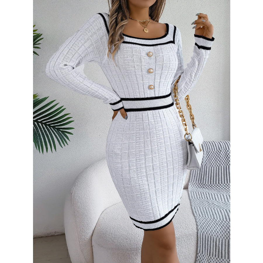 Contrast Trim Long Sleeve Sweater Dress Apparel and Accessories