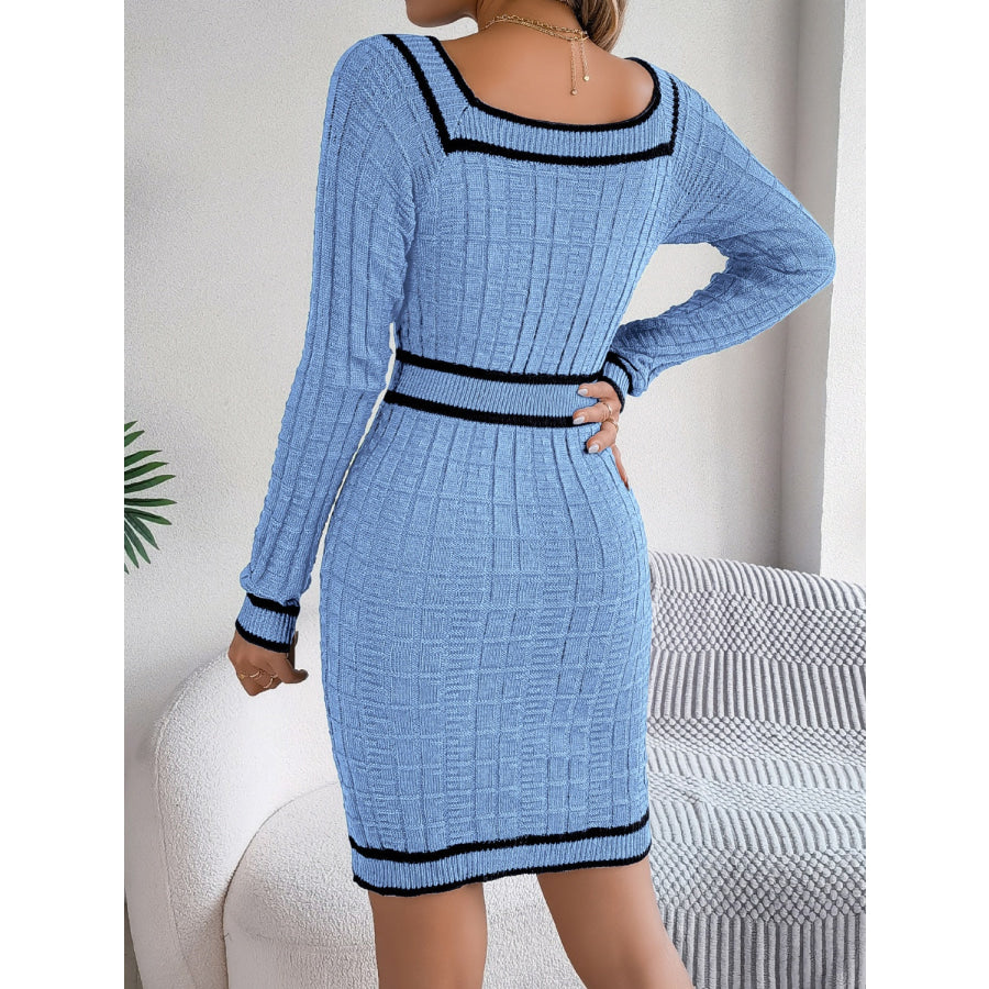 Contrast Trim Long Sleeve Sweater Dress Apparel and Accessories