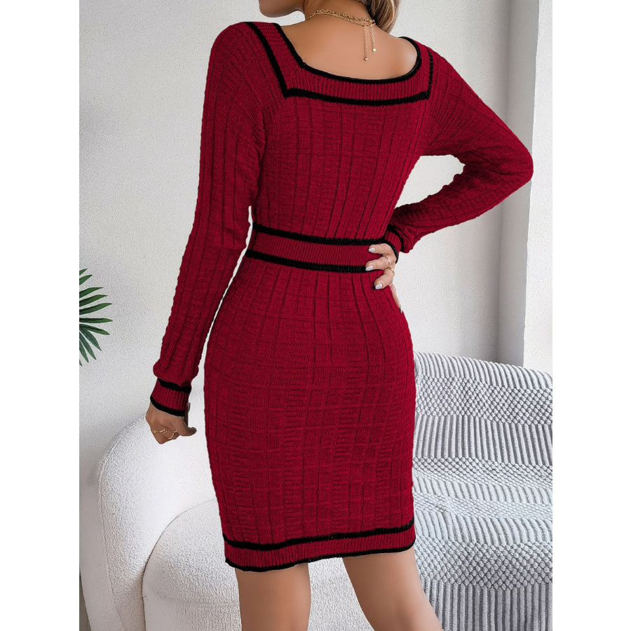 Contrast Trim Long Sleeve Sweater Dress Apparel and Accessories