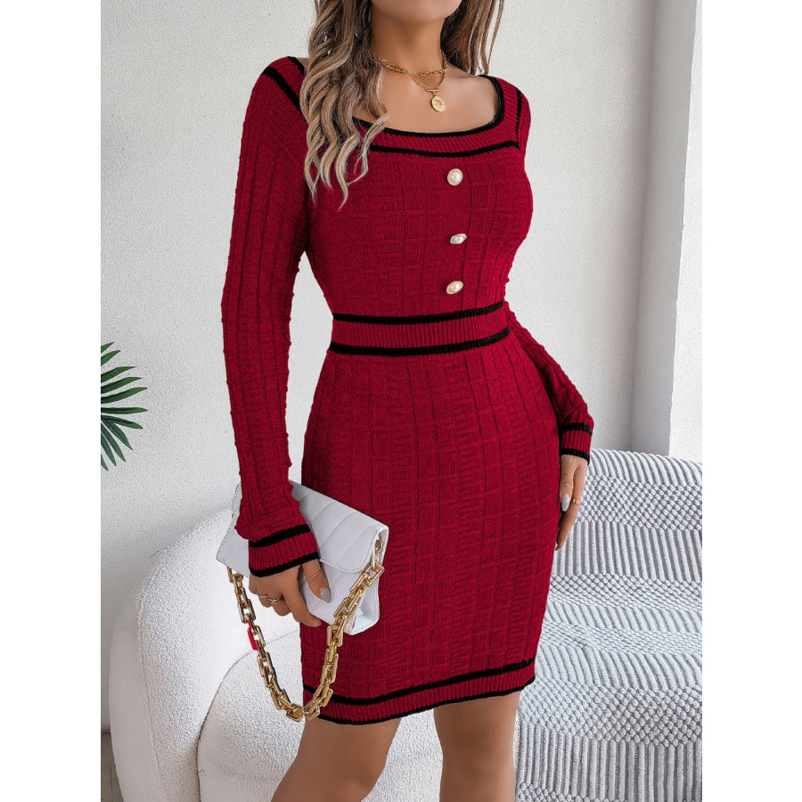 Contrast Trim Long Sleeve Sweater Dress Burgundy / S Apparel and Accessories