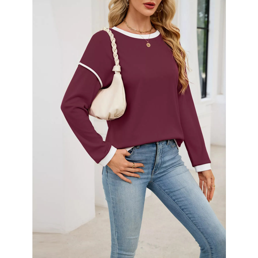 Contrast Trim Long Sleeve Sweatshirt Apparel and Accessories