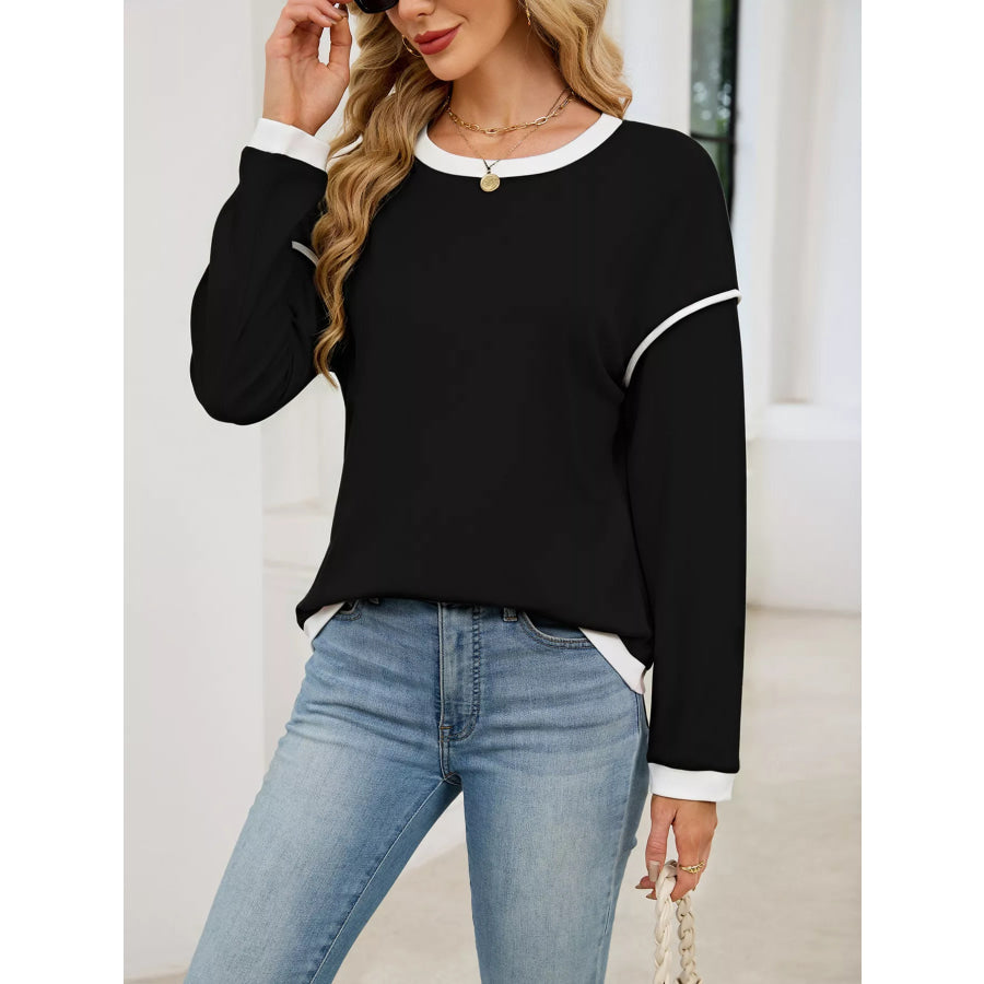 Contrast Trim Long Sleeve Sweatshirt Black / S Apparel and Accessories