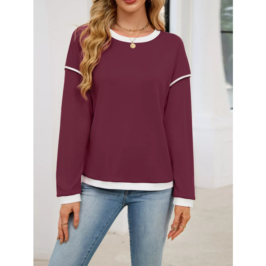 Contrast Trim Long Sleeve Sweatshirt Burgundy / S Apparel and Accessories