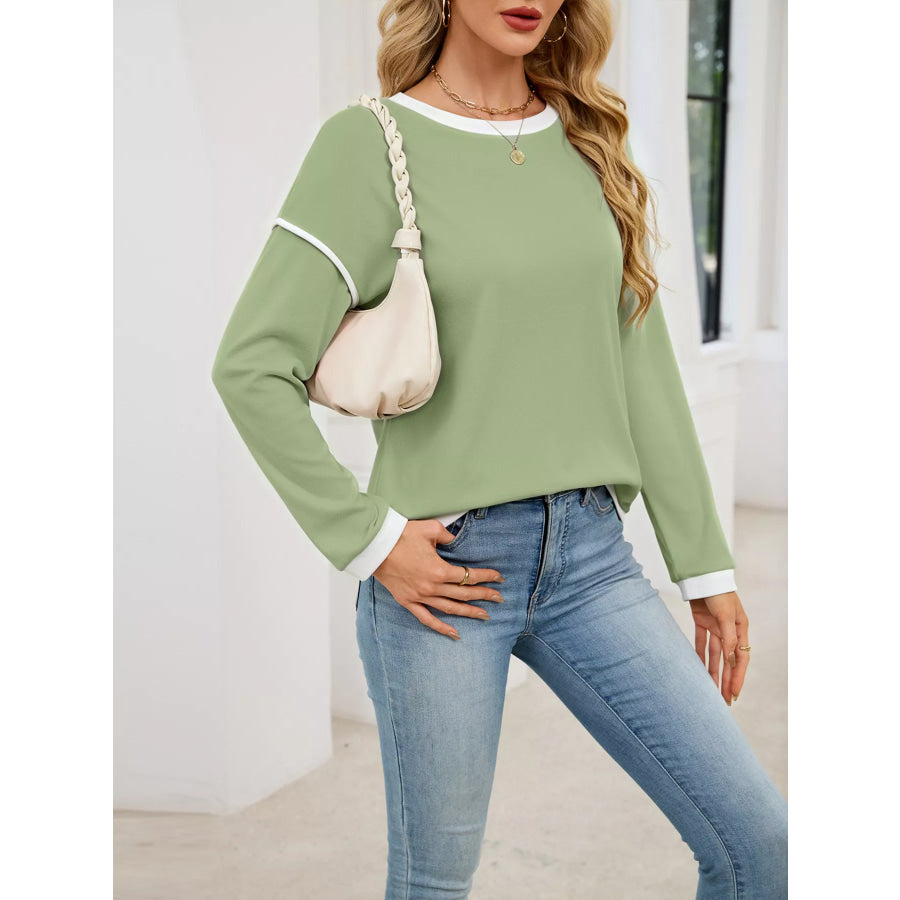 Contrast Trim Long Sleeve Sweatshirt Green / S Apparel and Accessories