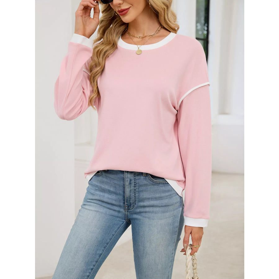 Contrast Trim Long Sleeve Sweatshirt Pink / S Apparel and Accessories